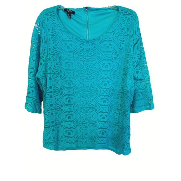Alfani Lace Layered Zipper Back Teal Lace Overlay Blouse Cotton Blend Size 3X - Picture 1 of 8